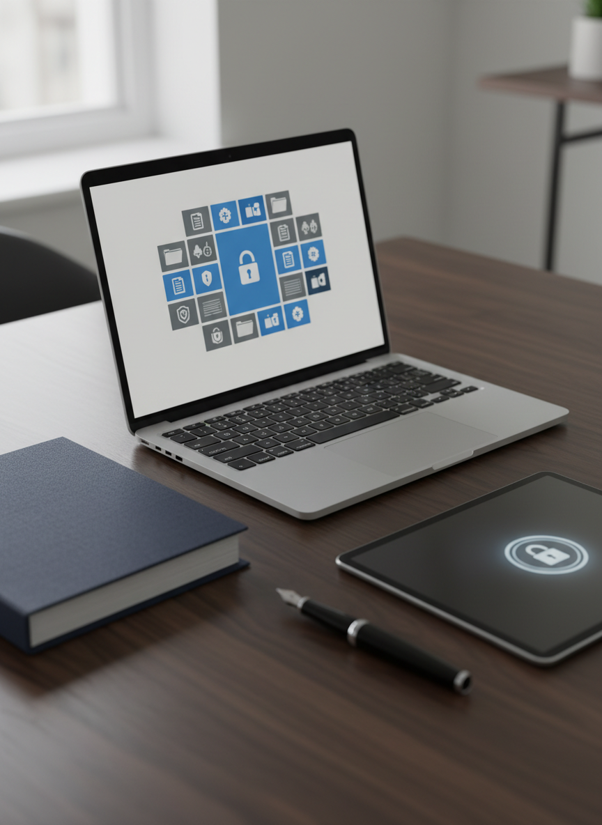 A sleek, modern digital workspace displayed on a thin, silver laptop resting on a dark walnut desk, the screen showing a clean, abstract interface of secure contract templates and folders without readable text. Around it lie a closed navy-blue hardcover legal-style binder, a minimalist black fountain pen, and a tablet with a subtle lock icon on its glassy surface. Soft, diffused daylight from an unseen window gently illuminates the scene, creating delicate reflections on the devices and a calm, professional atmosphere. Shot at eye level with a shallow depth of field, the composition centers the laptop, conveying trust, digital security, and legal authority in a photographic realism style suited for a contract template website.